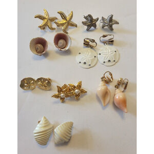 Vintage Earrings Gold Tone Sand Dollar Seashells Starfish Clip-On Jewelry 9 pair